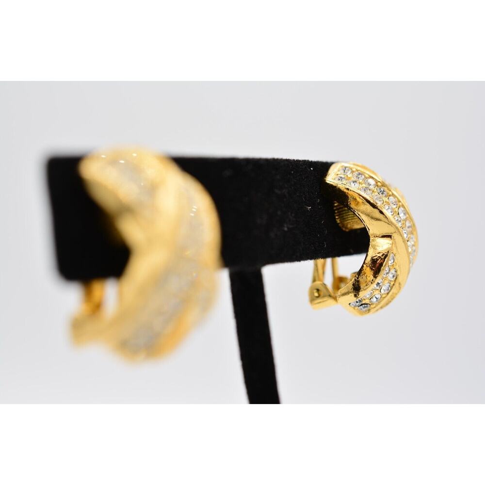 Christian Dior Vintage Clip On Earrings X Rhinestone Crystal Gold Signed BinAO - Picture 5 of 13